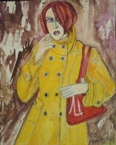 Peinture intitulée "La femme au manteau…" par Sam De Beauregard, Œuvre d'art originale, Gouache