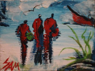 Peinture intitulée "LES TROIS HOMMES AU…" par Sam De Beauregard, Œuvre d'art originale, Gouache