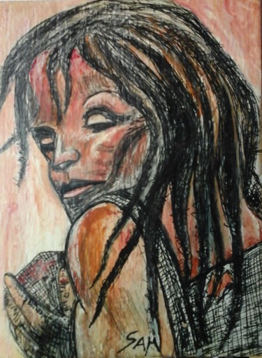 Peinture intitulée "LA PETITE FILLE AU…" par Sam De Beauregard, Œuvre d'art originale, Gouache