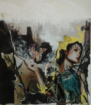 Collages intitulée "LA CHOUETTE COMTESSE" par Sam De Beauregard, Œuvre d'art originale, Collages Monté sur Panneau de bois