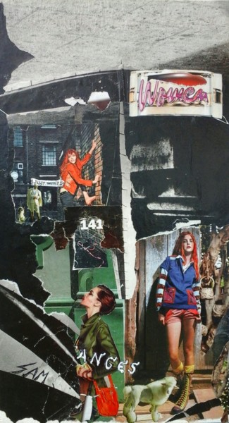 Collages getiteld "WINDOW ON COURTYARD" door Sam De Beauregard, Origineel Kunstwerk, Collages Gemonteerd op Houten paneel
