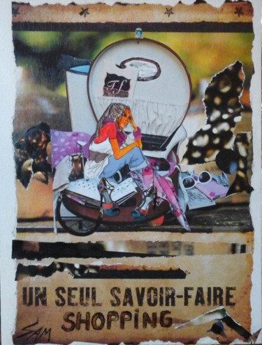 Collages intitulée "QUAND LES VALISES D…" par Sam De Beauregard, Œuvre d'art originale, Collages Monté sur Panneau de bois