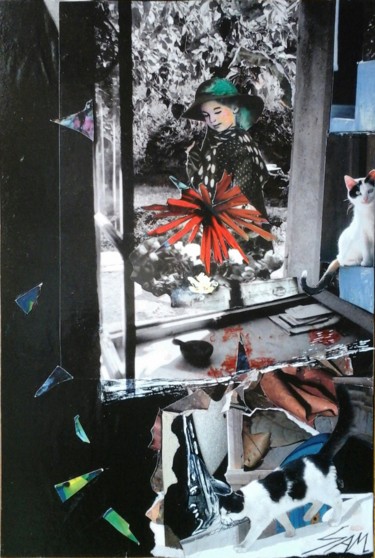 Collages getiteld "LISON ET LE DAHLIAS…" door Sam De Beauregard, Origineel Kunstwerk, Collages Gemonteerd op Houten paneel