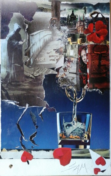 Collages intitulée "LE TREFLE  ROUGE A…" par Sam De Beauregard, Œuvre d'art originale, Collages Monté sur Panneau de bois