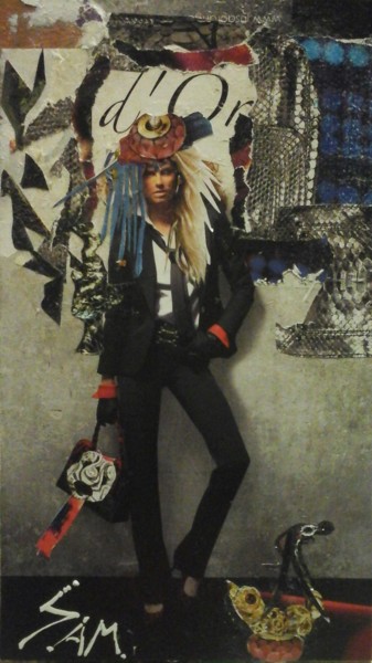 Collages intitulée "L' OISEAU  D' OR" par Sam De Beauregard, Œuvre d'art originale, Collages Monté sur Panneau de bois