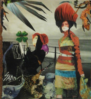 Collages intitulée "SOUS LE SIGNE DU TR…" par Sam De Beauregard, Œuvre d'art originale, Collages Monté sur Panneau de bois