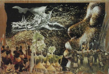 Collages titled "MÉMOIRE D' AFRIQUE" by Sam De Beauregard, Original Artwork, Collages Mounted on Wood Panel