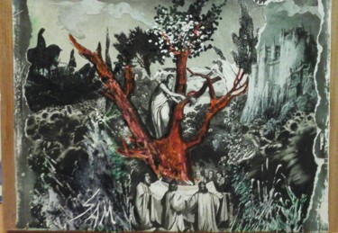 Collages intitulée "LES  DRUIDES" par Sam De Beauregard, Œuvre d'art originale, Collages Monté sur Panneau de bois