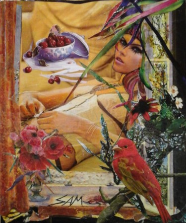 Collages intitulée "QUAND LE TANGARA AP…" par Sam De Beauregard, Œuvre d'art originale, Collages Monté sur Panneau de bois