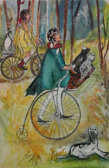 Malerei mit dem Titel "PROMENADE A VELO DA…" von Sam De Beauregard, Original-Kunstwerk, Gouache