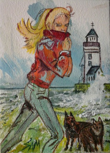 Painting titled "AU PHARE TEMPETE" by Sam De Beauregard, Original Artwork, Gouache