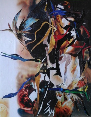 Collages intitulée "OISEAUX BLEUS ET FI…" par Sam De Beauregard, Œuvre d'art originale, Collages Monté sur Carton