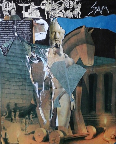 Collages intitolato "LE CHEVAL DE TROIE" da Sam De Beauregard, Opera d'arte originale, Collages Montato su Cartone