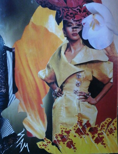 Collages getiteld "LADY YELLOW" door Sam De Beauregard, Origineel Kunstwerk, Collages Gemonteerd op Karton