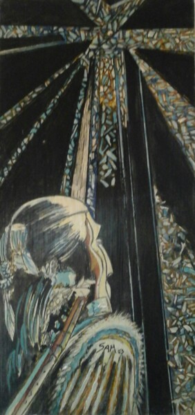 Painting titled "FACE AU VITRAIL" by Sam De Beauregard, Original Artwork, Gouache Mounted on Wood Panel