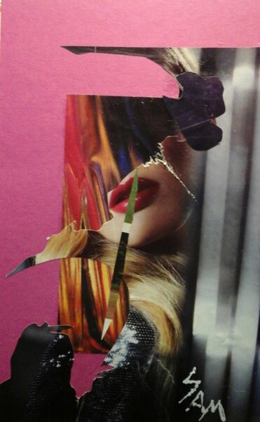 Collages getiteld "LA BOUCHE ROUGE" door Sam De Beauregard, Origineel Kunstwerk, Collages Gemonteerd op Karton