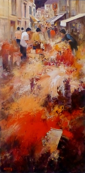 Peinture intitulée "La rue du marché" par Bernard Guilain, Œuvre d'art originale, Huile