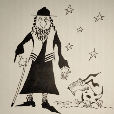 Dessin intitulée "Le chien du rabbin" par Bernard Houssin Brillas, Œuvre d'art originale, Encre