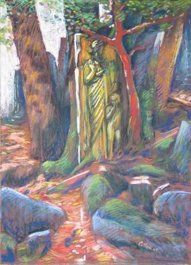 Painting titled "Stele and red tree…" by Bernard Marie Collet, Original Artwork, Oil