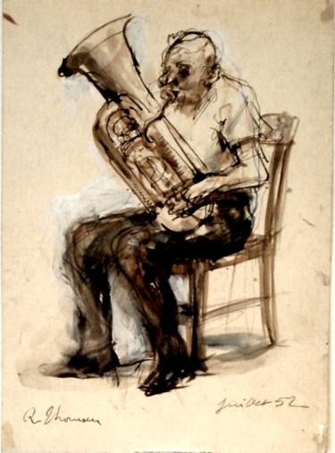 Dessin intitulée "Tromboniste" par Bernard Lalandre, Œuvre d'art originale