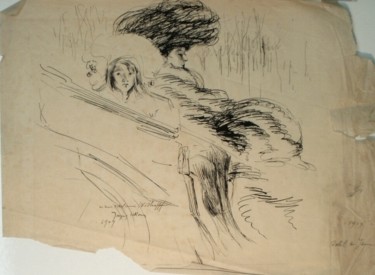 Dessin intitulée "Femme au chapeau" par Bernard Lalandre, Œuvre d'art originale, Encre