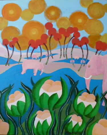 Peinture intitulée "Les éléphants roses" par Bernard Moutin, Œuvre d'art originale, Acrylique