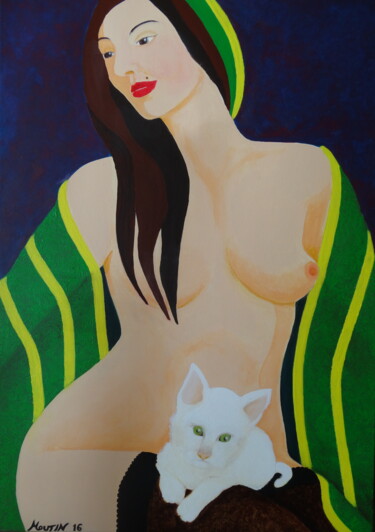 Peinture intitulée "Nu au petit chat bl…" par Bernard Moutin, Œuvre d'art originale, Acrylique