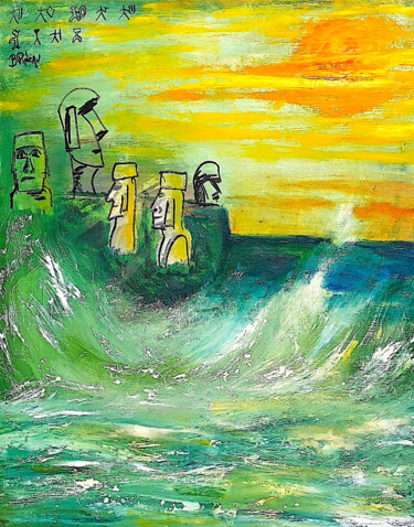 Schilderij getiteld "H037F25 île de Pâqu…" door Bernard Pineau, Origineel Kunstwerk, Olie