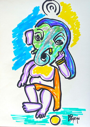Drawing titled "E177H32 Bébé Ganesh" by Bernard Pineau, Original Artwork, Marker