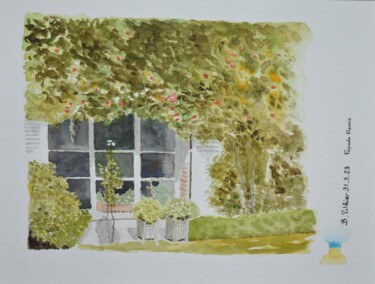 Painting titled "Façade fleurie" by Bernard Pothier, Original Artwork, Watercolor Mounted on Other rigid panel
