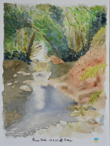Painting titled "River side" by Bernard Pothier, Original Artwork, Watercolor Mounted on Other rigid panel
