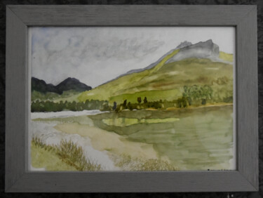 Schilderij getiteld "Lac et Montagnes" door Bernard Pothier, Origineel Kunstwerk, Aquarel Gemonteerd op Andere stijve panelen