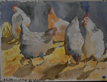 Peinture intitulée "5 poulets en cabane" par Bernard Pothier, Œuvre d'art originale, Aquarelle