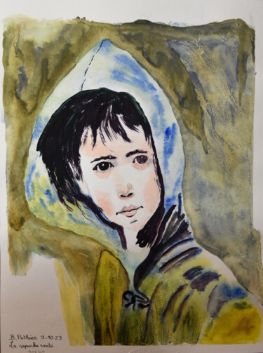 Schilderij getiteld "La Capuche Verte" door Bernard Pothier, Origineel Kunstwerk, Aquarel