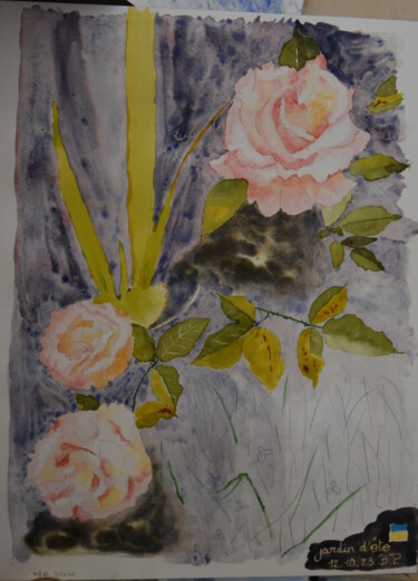 Peinture intitulée "Roses dans mon jard…" par Bernard Pothier, Œuvre d'art originale, Aquarelle
