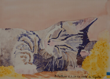 Malerei mit dem Titel "La sieste de Tigret…" von Bernard Pothier, Original-Kunstwerk, Aquarell