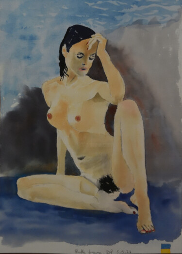 Painting titled "Belle brune assise" by Bernard Pothier, Original Artwork, Watercolor