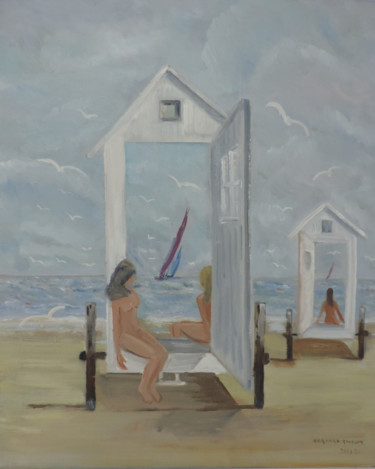 Peinture intitulée "cabines de plage" par Bernard Relecom, Œuvre d'art originale, Huile