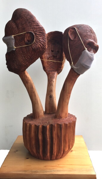 Sculpture intitulée "Masques en abyme" par Bernard Sabathé, Œuvre d'art originale, Bois