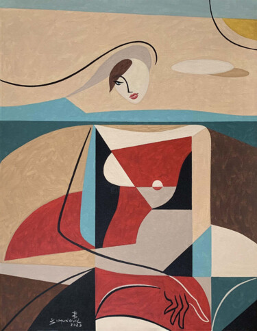Malerei mit dem Titel "WOMAN READING ON BE…" von Bernard Simunovic, Original-Kunstwerk, Acryl