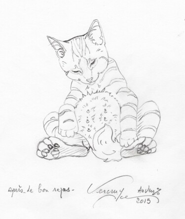 Drawing titled "Après le bon repas" by Bernard Vercruyce, Original Artwork, Pencil