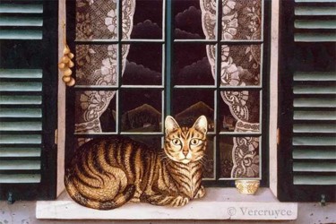 Peinture intitulée "Le chat au bol de Q…" par Bernard Vercruyce, Œuvre d'art originale