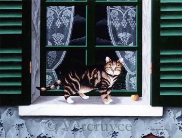 Картина под названием "Le chat à la fenêtr…" - Bernard Vercruyce, Подлинное произведение искусства, Масло