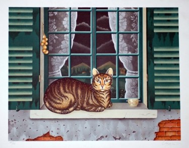 Gravures & estampes intitulée "Le chat au bol de Q…" par Bernard Vercruyce, Œuvre d'art originale, Lithographie