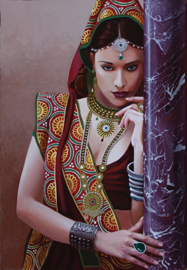 Painting titled "Indienne à la colon…" by Bernard Ciochetti, Original Artwork, Acrylic