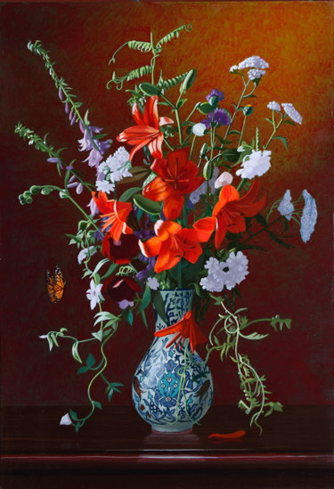 Painting titled "Bouquet de lys roug…" by Bernard Ciochetti, Original Artwork, Acrylic