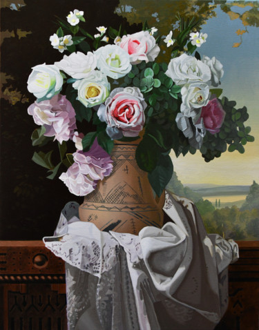 Painting titled "Bouquet de roses bl…" by Bernard Ciochetti, Original Artwork, Acrylic