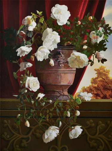 Ζωγραφική με τίτλο "Roses blanches en s…" από Bernard Ciochetti, Αυθεντικά έργα τέχνης, Ακρυλικό