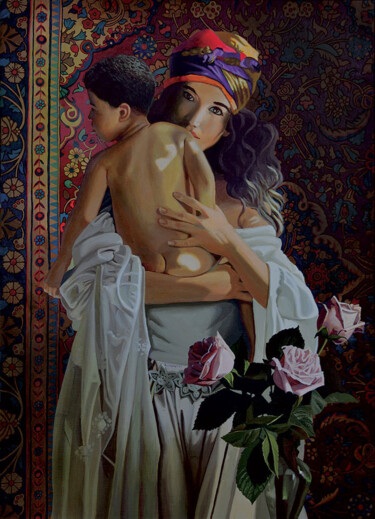 Painting titled "La Mère et l'Enfant" by Bernard Ciochetti, Original Artwork, Acrylic Mounted on Wood Stretcher frame