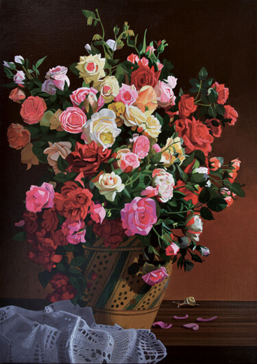 Painting titled "Bouquet de Roses mu…" by Bernard Ciochetti, Original Artwork, Acrylic Mounted on Wood Stretcher frame